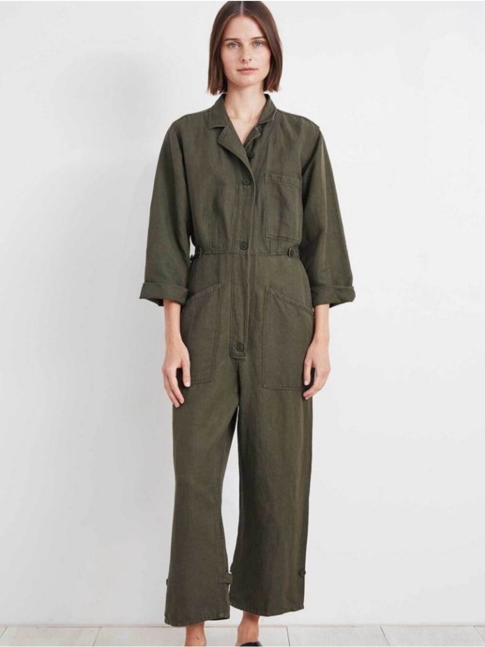 Apiece Apart Ares Utility Jumpsuit Olive Green Cotton Linen Boiler Suit Size 2